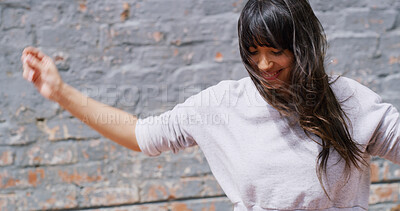 Buy stock photo Dance, energy and hip hop with woman on wall background outdoor for choreography rehearsal. Artistic, creative and street style with happy dancer person in urban town for performance, swag or talent