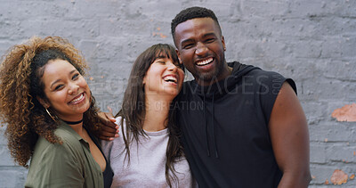 Buy stock photo Hug, laughing and portrait with hip hop people outdoor together on wall background for choreography. Artistic, creative and smile with happy dance friends embracing in city for performance rehearsal