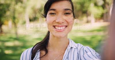 Buy stock photo Selfie, smile and wind with woman in nature for live streaming or vlogging as travel influencer. photography, portrait and summer with happy tourist person outdoor in park for review of location