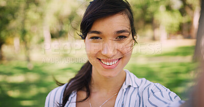 Buy stock photo Selfie, smile and wind with woman in park for live streaming or vlogging as travel influencer. Photography, portrait and spring with happy tourist person outdoor in nature for review of location