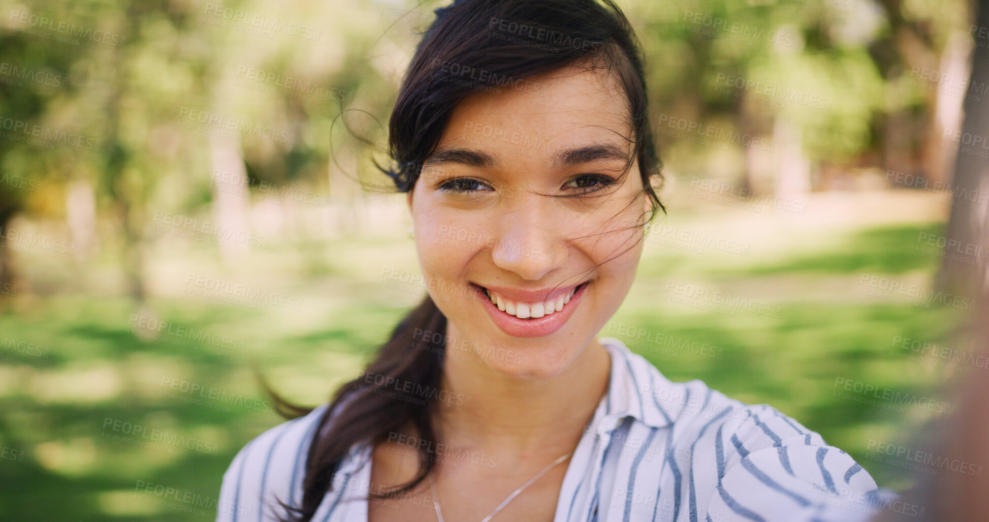 Buy stock photo Selfie, smile and wind with woman in park for live streaming or vlogging as travel influencer. Photography, portrait and spring with happy tourist person outdoor in nature for review of location