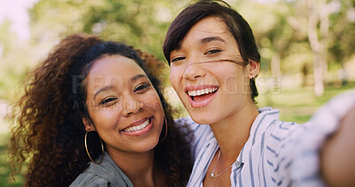 Buy stock photo Happy, hug and selfie of woman friends outdoor in park together for bonding or memories. Love, photography and portrait with smile of people embracing in nature for social media profile picture