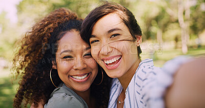 Buy stock photo Hugging, selfie and smile with woman friends outdoor in park together for bonding or memories. Embrace, love and summer with happy people in nature for photograph or social media profile picture