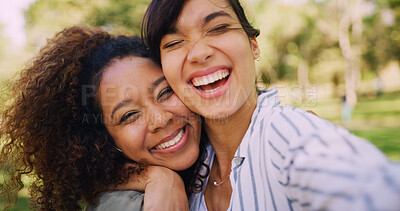 Buy stock photo Hug, laughing and selfie with woman friends outdoor in park together for bonding or memories. Love, photograph and summer with funny people embracing in nature for social media profile picture update