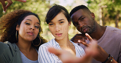 Buy stock photo Selfie, park and portrait of people outdoor with serious, calm and peace together for social media. Field, diversity and group of young friends reach out for self discovery and connection with nature