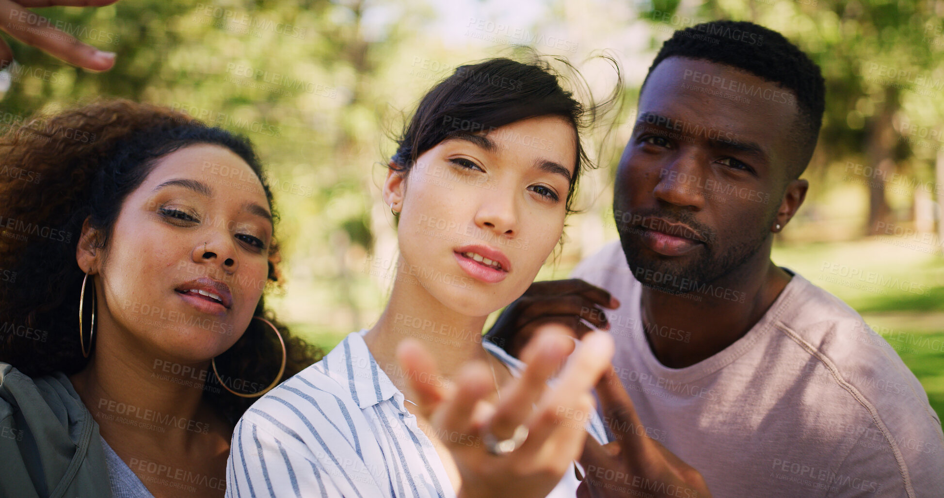 Buy stock photo Selfie, park and portrait of friends outdoor with serious, calm and together for social media. Diversity, group of young people in public garden reach out for self discovery and connection in nature
