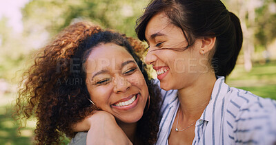 Buy stock photo Hug, selfie and smile with woman friends outdoor in park together for bonding or memories. Love, photography and summer with happy people embracing in nature for social media profile picture update