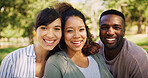 Selfie, happy and portrait of friends in park with diversity, calm and peace together for social media. Outdoor, reunion and group of young people with pride and solidarity for connection with nature