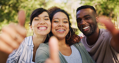 Buy stock photo Thumbs up, happy and portrait of friends in nature for satisfaction of university acceptance. Pride, education and group of students with approval hand gesture for college scholarship on campus.