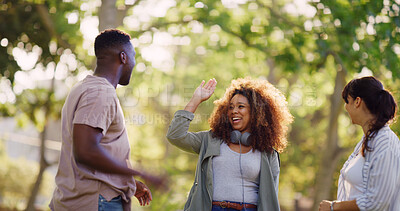 Buy stock photo Friends, success and high five at park for teamwork, motivation and education goal. Excited people, celebration and hands together with students at college for exam pass, target achievement and win