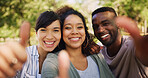 Portrait, thumbs up and group of friends in park with smile, support or winning college achievement. Diversity, man and women on campus with like emoji, review or vote for happy university students