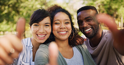 Buy stock photo Portrait, thumbs up and group of friends in park with smile, support or winning college achievement. Diversity, man and women on campus with like emoji, review or vote for happy university students