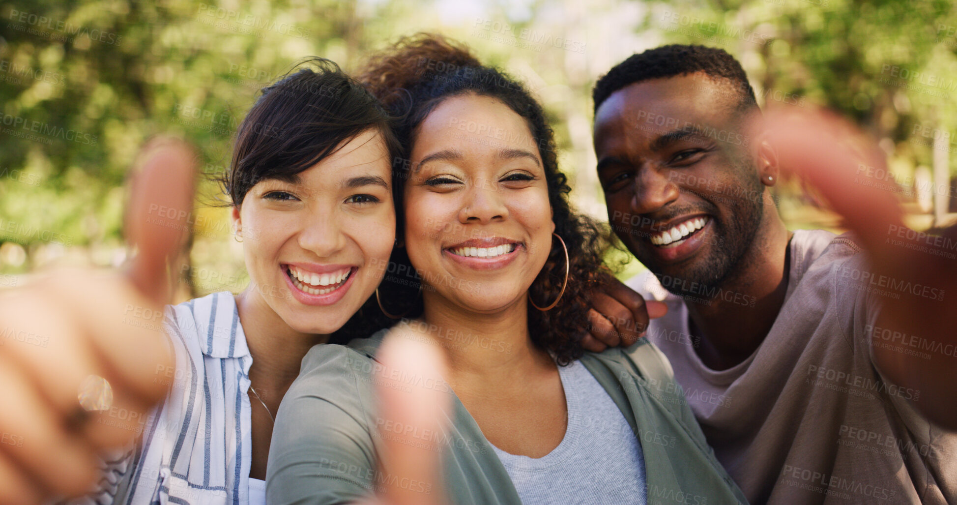 Buy stock photo Portrait, thumbs up and group of friends in park with smile, support or winning college achievement. Diversity, man and women on campus with like emoji, review or vote for happy university students