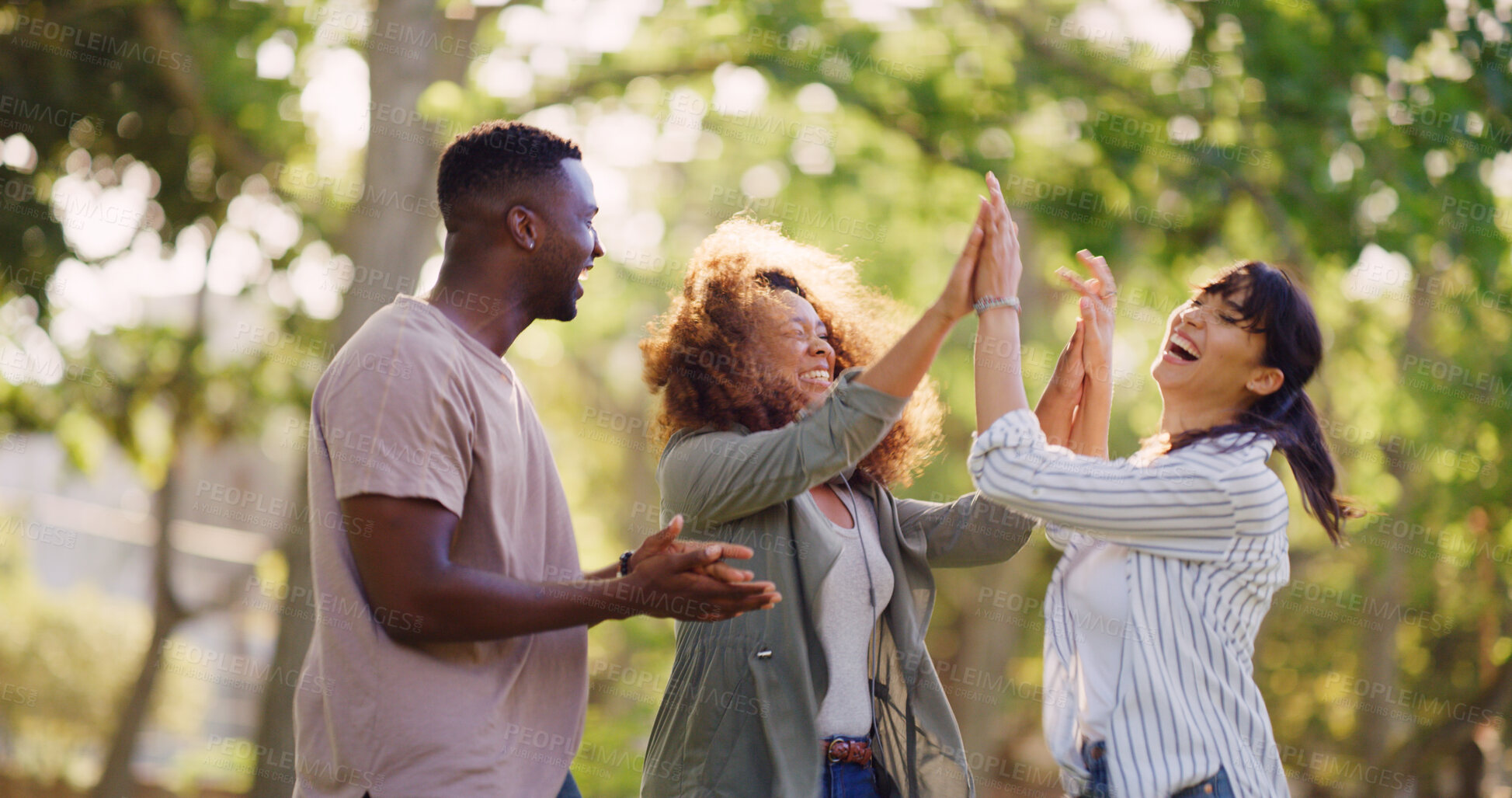 Buy stock photo Students, success and high five outdoor for teamwork, clapping and education goal. Excited people, celebration and hands together with friends for exam pass, college acceptance or target achievement