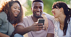 Phone, happy and group of friends in nature browsing on social media for celebrity gossip. Laughing, cellphone and young people outdoor in park reading online blog for news, update or review together