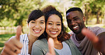 Selfie, thumbs up and portrait of friends in park with happiness, calm and community together. Outdoor, reunion and group of young people with satisfaction hand gesture for connection with nature