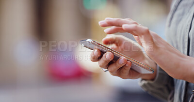 Buy stock photo Smartphone, typing and hands of student, online and checking of email for application results or education. Outdoor, person and browsing for feedback from college, digital or waiting for notification