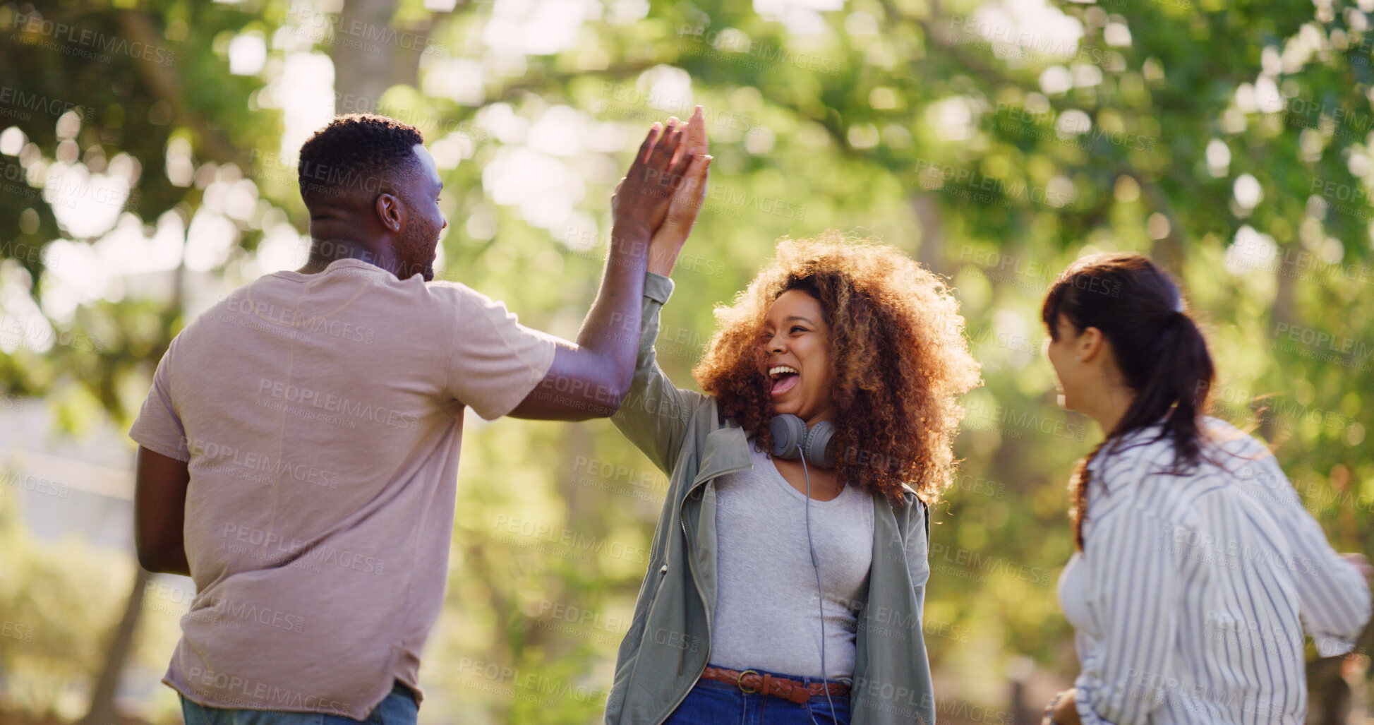 Buy stock photo Students, celebration and high five outdoor for teamwork, support and education goal. Excited people, success and hands together with friends for exam pass, college acceptance or target achievement