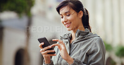 Buy stock photo Phone, smile and social media with woman on city to search for directions to commute or travel location. App, contact and text message with happy person outdoor in urban town for communication