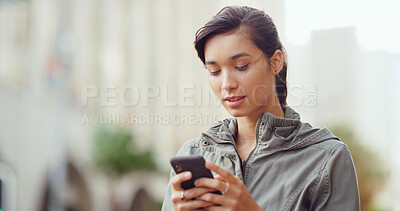 Buy stock photo Typing, smartphone and woman in city, travel and social media with texting, connection and internet. Person, outdoor and girl in street, cellphone and mobile app for direction, commute and message