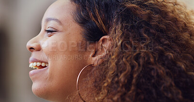 Buy stock photo Beauty, hair care and woman laugh, thinking and face profile for texture or growth. Hairstyle, funny girl and natural curls and cosmetics treatment, aesthetic earrings and dream with closeup