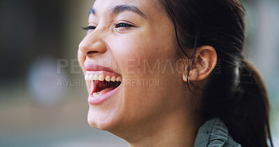 Buy stock photo Thinking, excited and woman laugh for success, winning and university acceptance outdoor. Funny face, achievement and student with dream for college, milestone and vision for scholarship opportunity