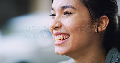 Buy stock photo Thinking, happy and woman outdoor with vision, laughing and reflection for sightseeing on vacation. Face, dream and female person with inspiration, travel idea and view on holiday for trip space