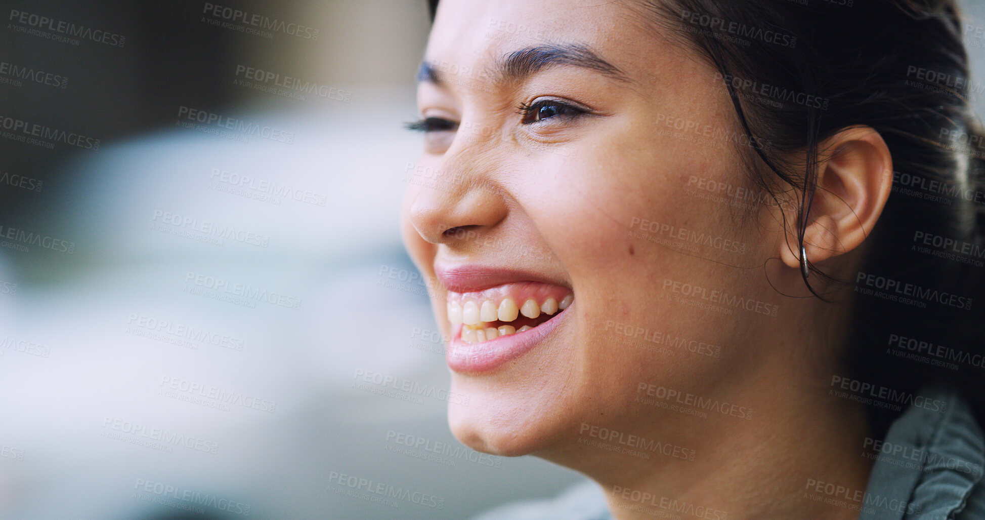 Buy stock photo Thinking, happy and woman outdoor with vision, laughing and reflection for sightseeing on vacation. Face, dream and female person with inspiration, travel idea and view on holiday for trip space