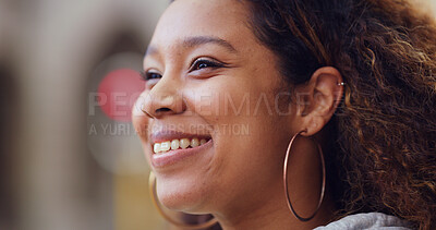 Buy stock photo Thinking, smile and woman outdoor with vision, sightseeing and reflection for insight on vacation. Face, dream and female person with inspiration, travel idea and view on holiday for trip planning