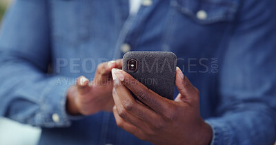 Buy stock photo Smartphone, typing and hands of student, info and checking of email for application results or education. Outdoor, person and browsing for feedback from college, digital and waiting for notification