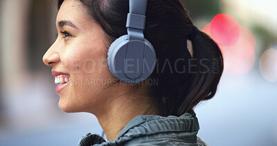 Buy stock photo Headphones, commute and woman in city with music for travel to university in morning. Happy, audio tech and profile of female student listening to online playlist, podcast or radio in urban town.