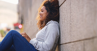 Buy stock photo Wall, thinking and woman with smile, outdoor and daydreaming with comfort. Person, happiness and girl on ground, mindfulness and thoughtful with peace, calming and relax with wonder in New York
