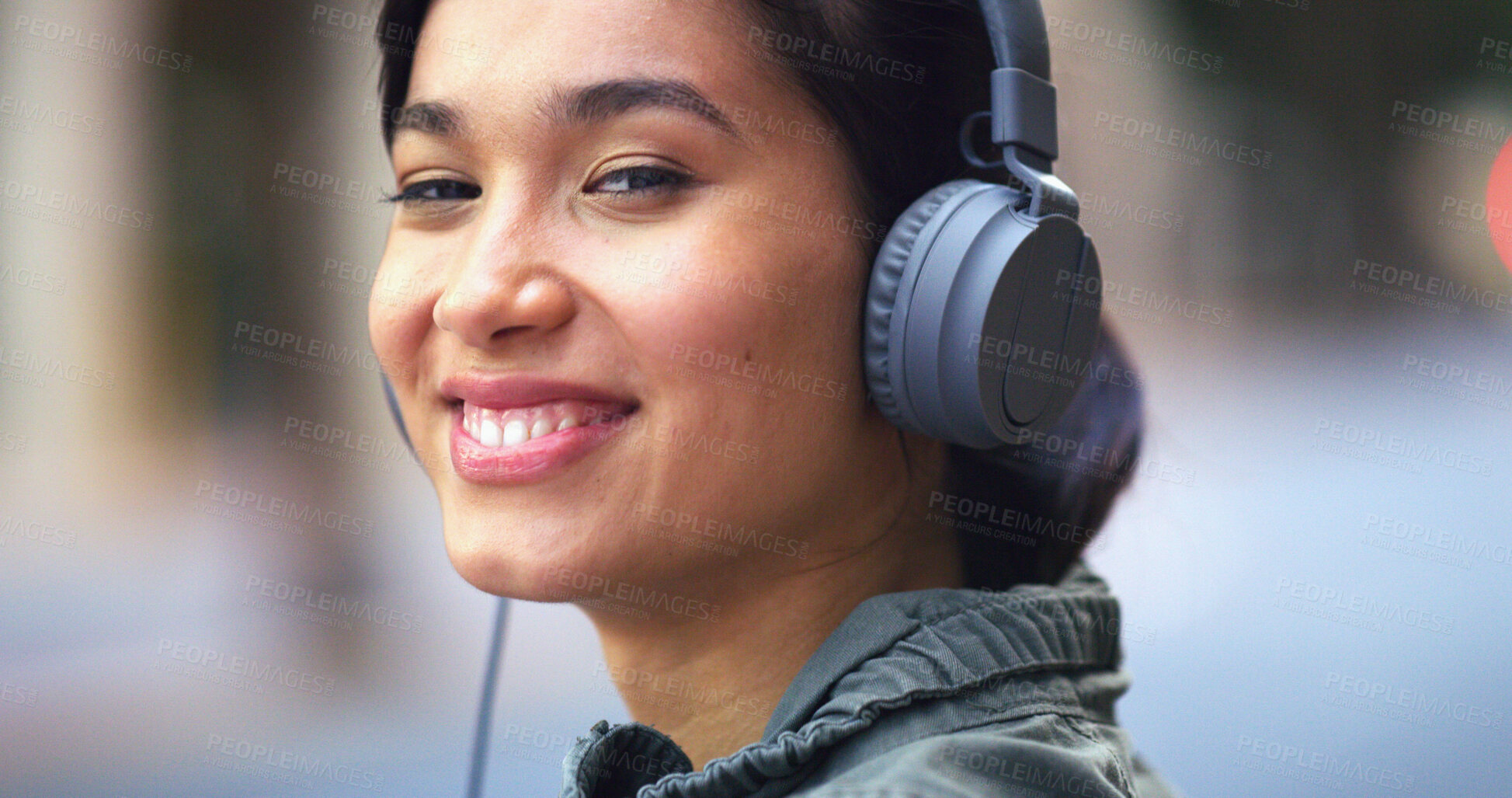 Buy stock photo Headphones, travel and portrait of woman in city with music for commuting to university in morning. Happy, audio tech and female student listening to online playlist, podcast or radio in urban town.