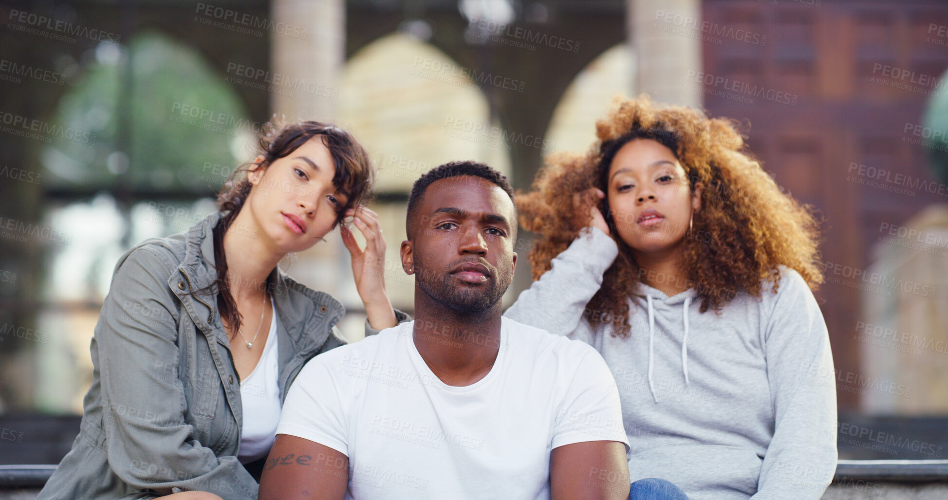 Buy stock photo Portrait, confidence and team of friends on campus with attitude, opportunity or solidarity at dance academy. Diversity, serious man and women with pride, creativity and group of university students