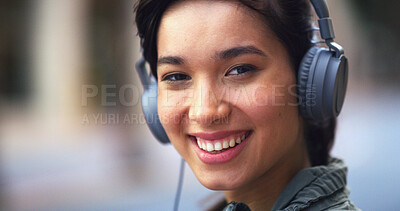Buy stock photo Headphones, happy and portrait of woman in city with music for commuting to university in morning. Travel, audio tech and female student listening to online playlist, podcast or radio in urban town.