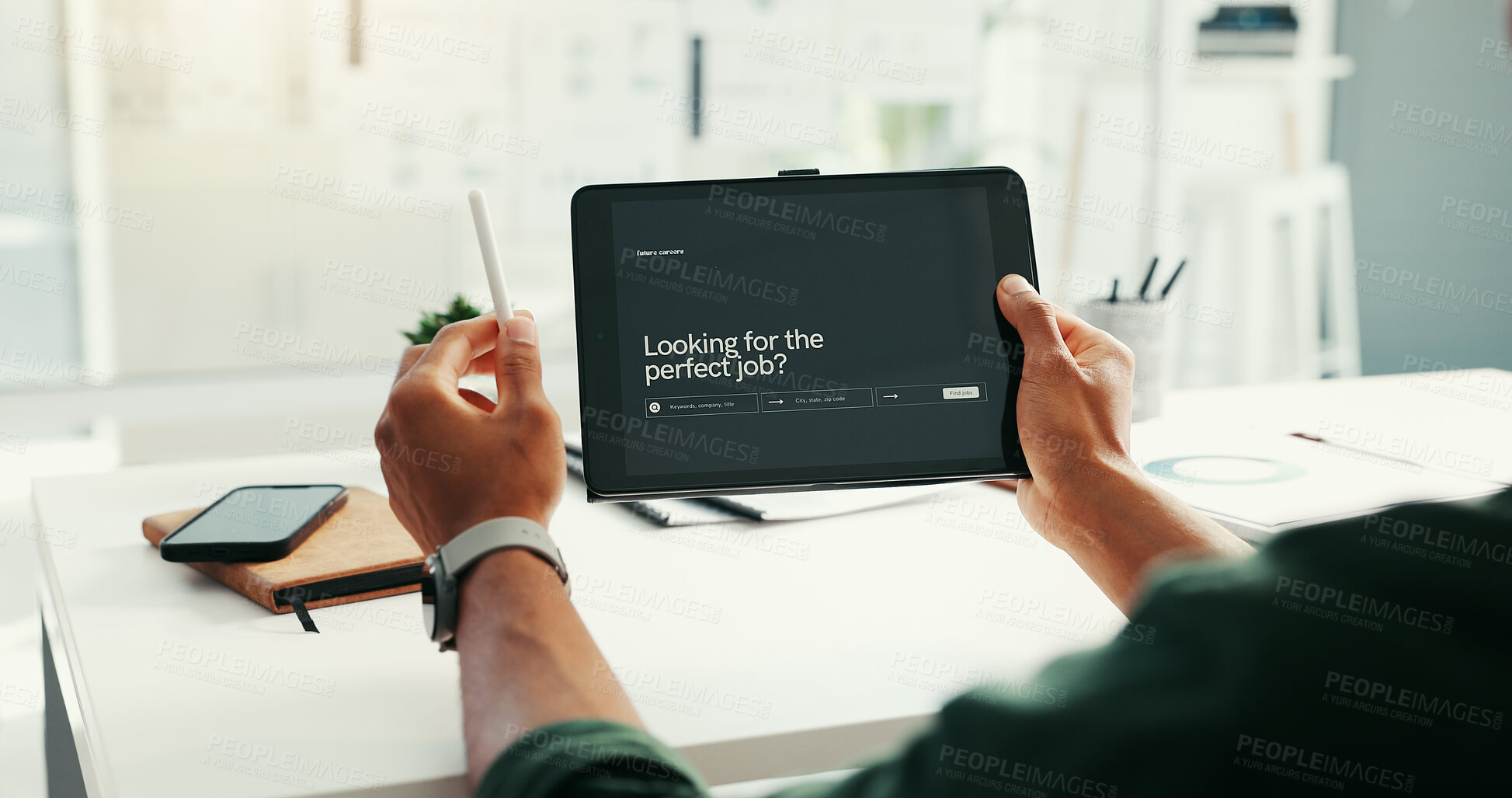 Buy stock photo Business person, hands and tablet screen for job search, recruitment and web development at creative startup. Digital technology, app and hiring, software platform or ux design for career opportunity