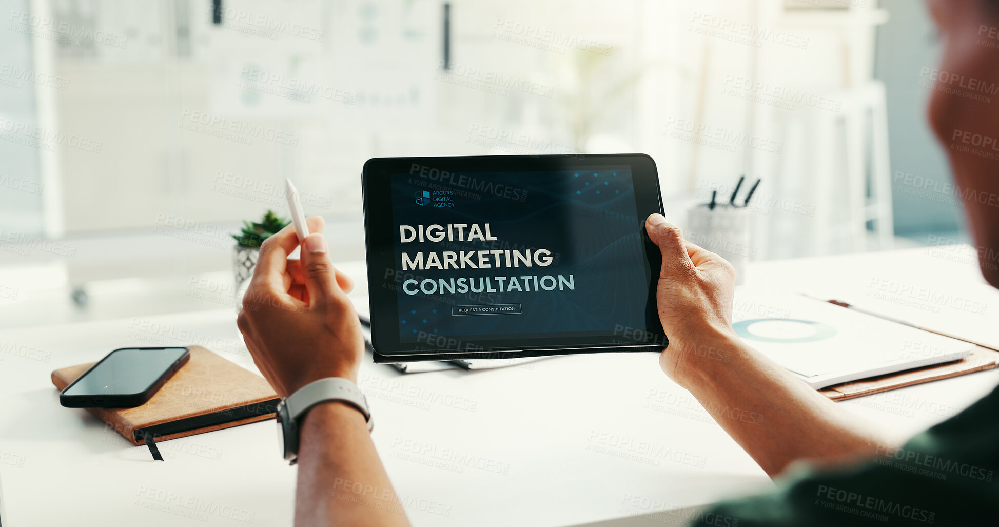 Buy stock photo Business person, hands and tablet screen for marketing, advertising or promotion at creative startup. Digital technology, website and contact worker for brand consultation request and campaign plan