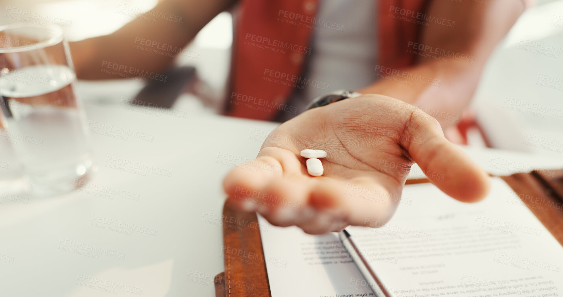 Buy stock photo Business person, hands and pills for anxiety, treatment or medical drugs for pain relief in office. Healthcare, prescription and man with medicine, supplements or vitamins for pharmaceutical help