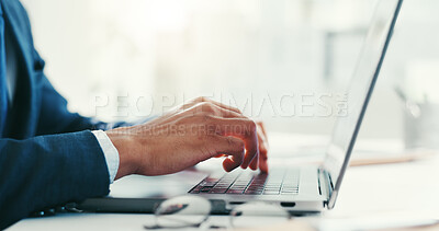Buy stock photo Hands, business and man with laptop, keyboard and typing with internet, email and financial report. Person, closeup and employee with pc, accounting and proposal for budget, network or growth income