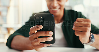 Buy stock photo Fist pump, phone and hands of businessman in office with online winning, bonus and success. Celebration, creative worker and excited person on smartphone for achievement, notification or announcement