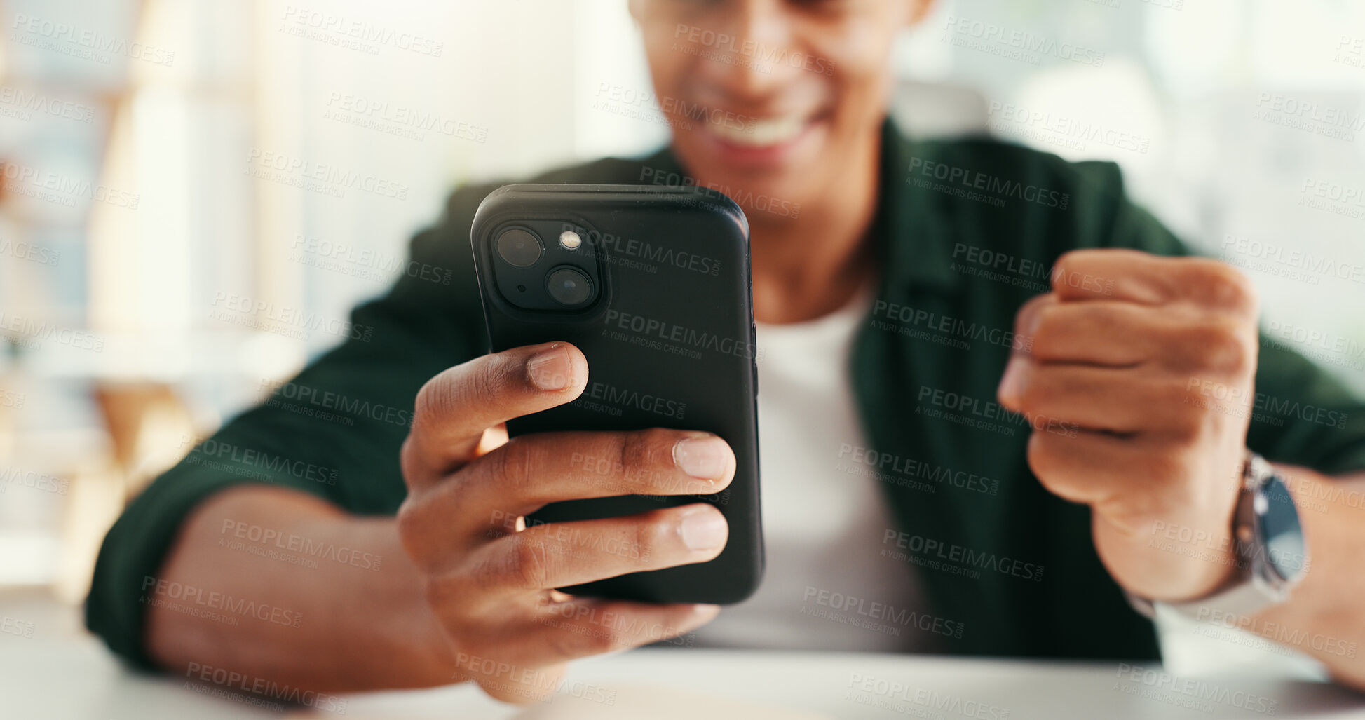 Buy stock photo Fist pump, phone and hands of businessman in office with online winning, bonus and success. Celebration, creative worker and excited person on smartphone for achievement, notification or announcement