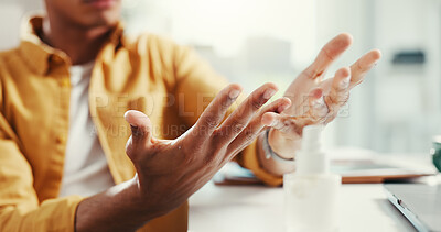 Buy stock photo Person, sanitize and hands for hygiene in office with cleaning safety, bacteria protection and disinfection. Man, chemical product and check palm for dirt, germs prevention and wellness precaution