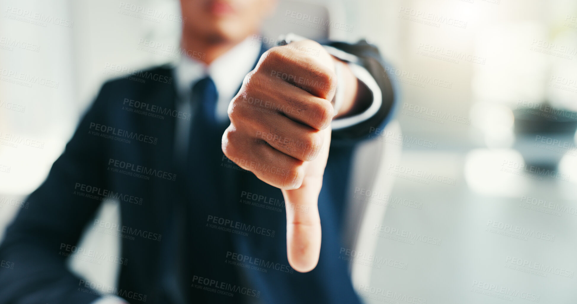 Buy stock photo Businessman, hand and thumbs down sign at office, feedback and negative rating in disagreement. Male person, investment mistake and dislike emoji for stock market fail, vote no and review decision