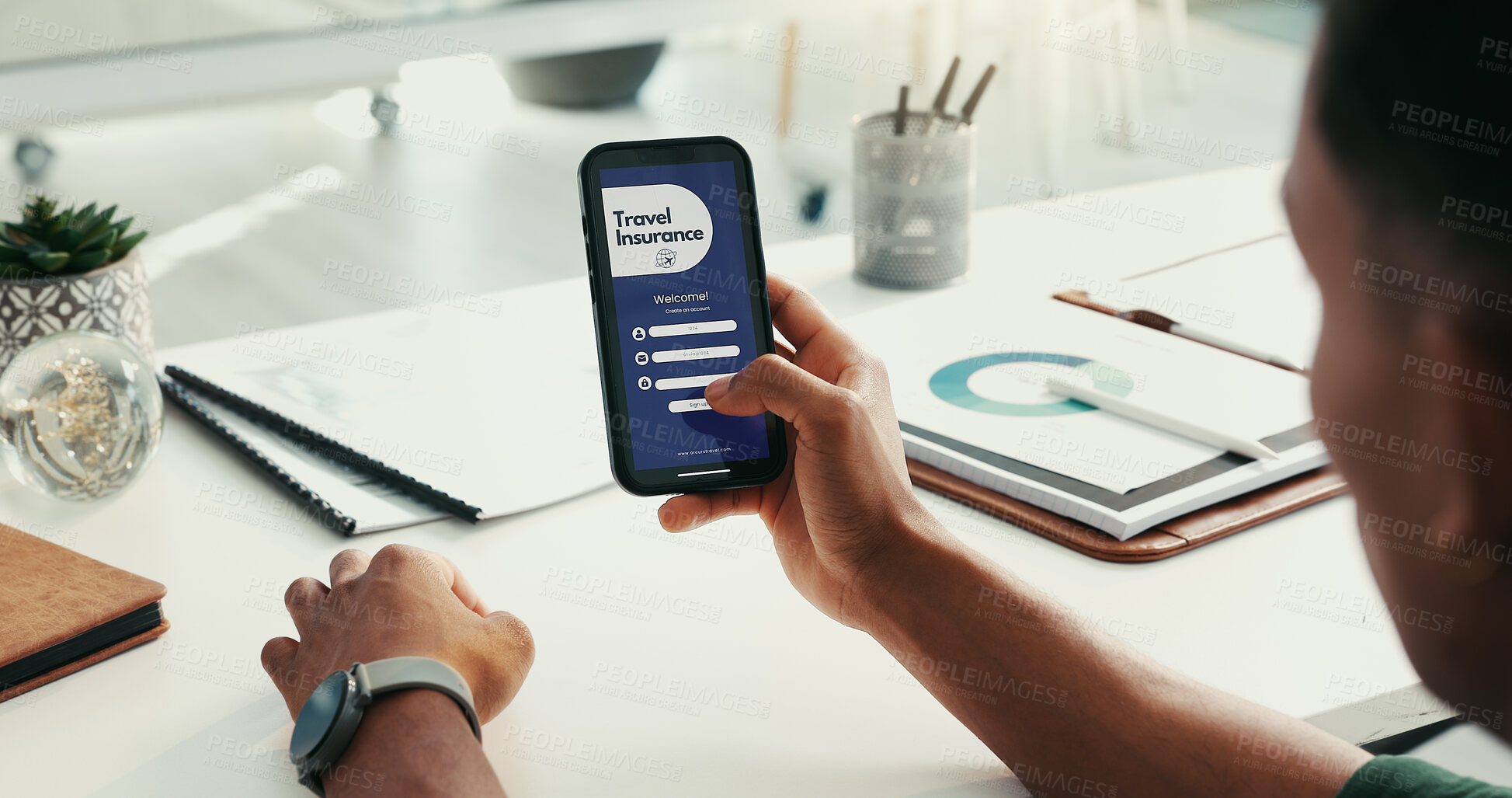 Buy stock photo Phone, screen and person with insurance for travel, security and policy on mobile app. Professional, office and hands of worker on smartphone for online application, flight benefits and protection