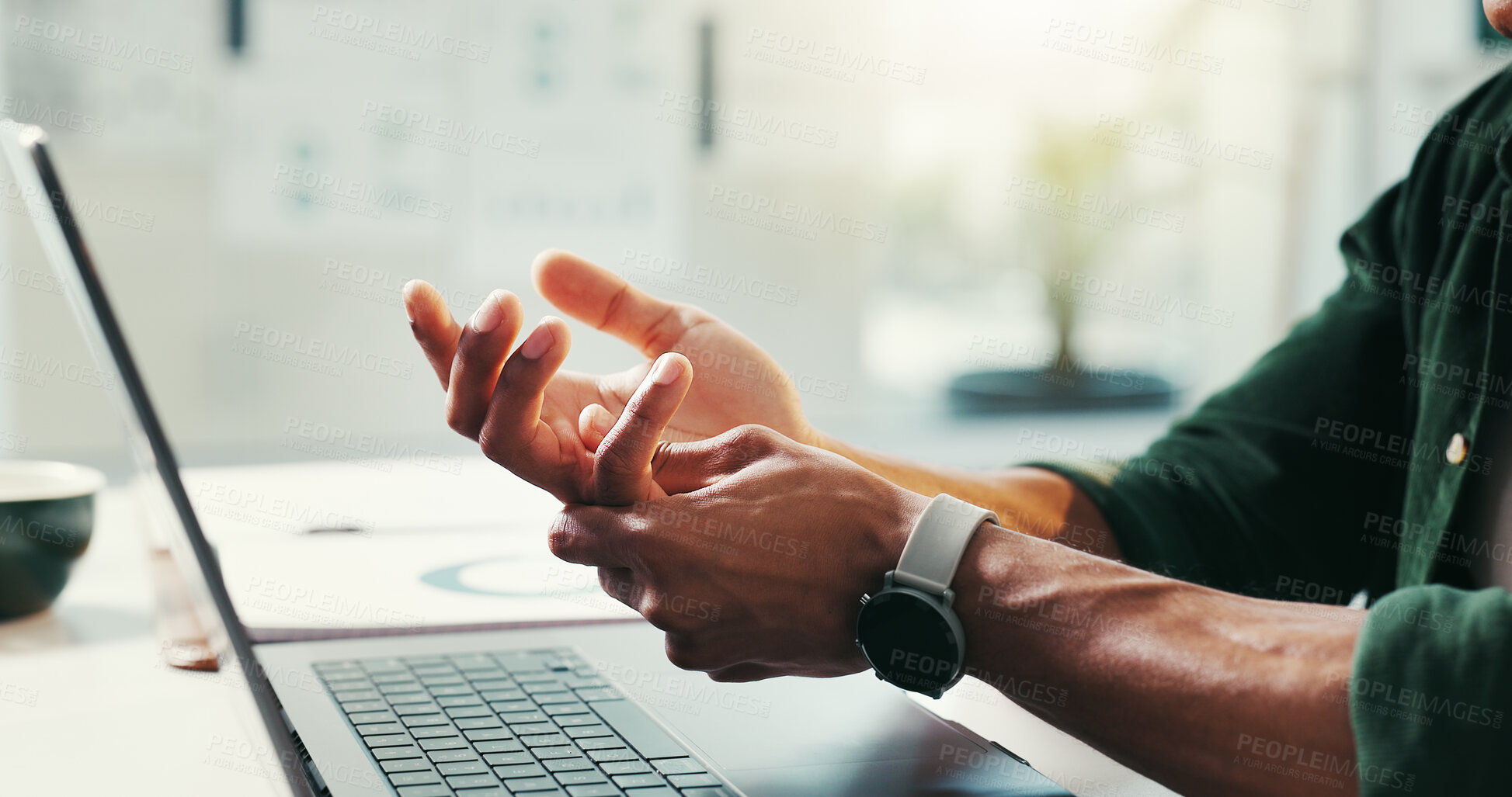 Buy stock photo Man, hand pain and typing injury in office, laptop and carpal tunnel tension and inflammation. Male person, muscle strain and keyboard accident in workplace, hurt joint and professional arthritis