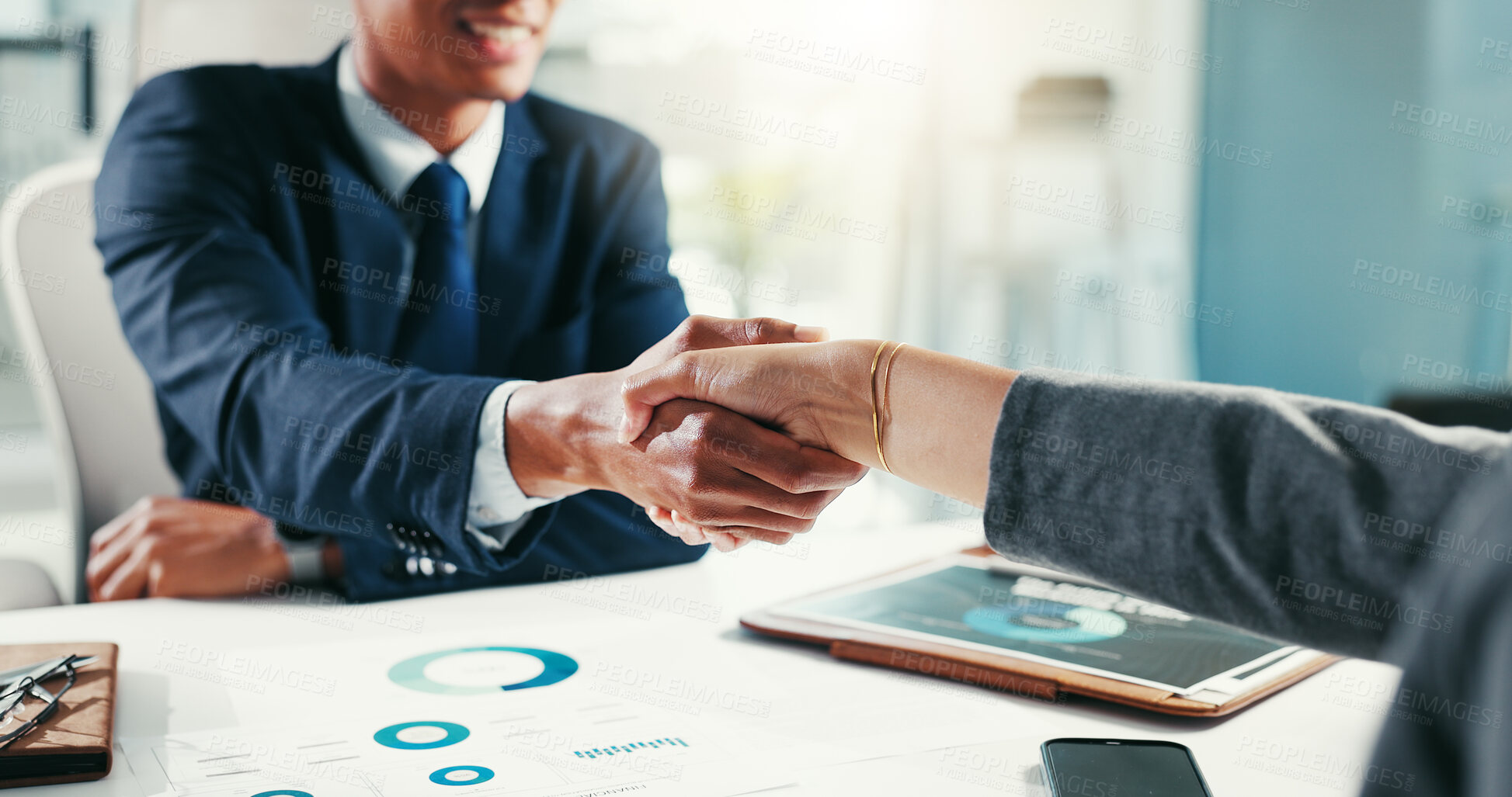 Buy stock photo Handshake, meeting and business people in office with statistics for collaboration, partnership and thank you. Graphs, finance company and worker with boss for project approval, research and success