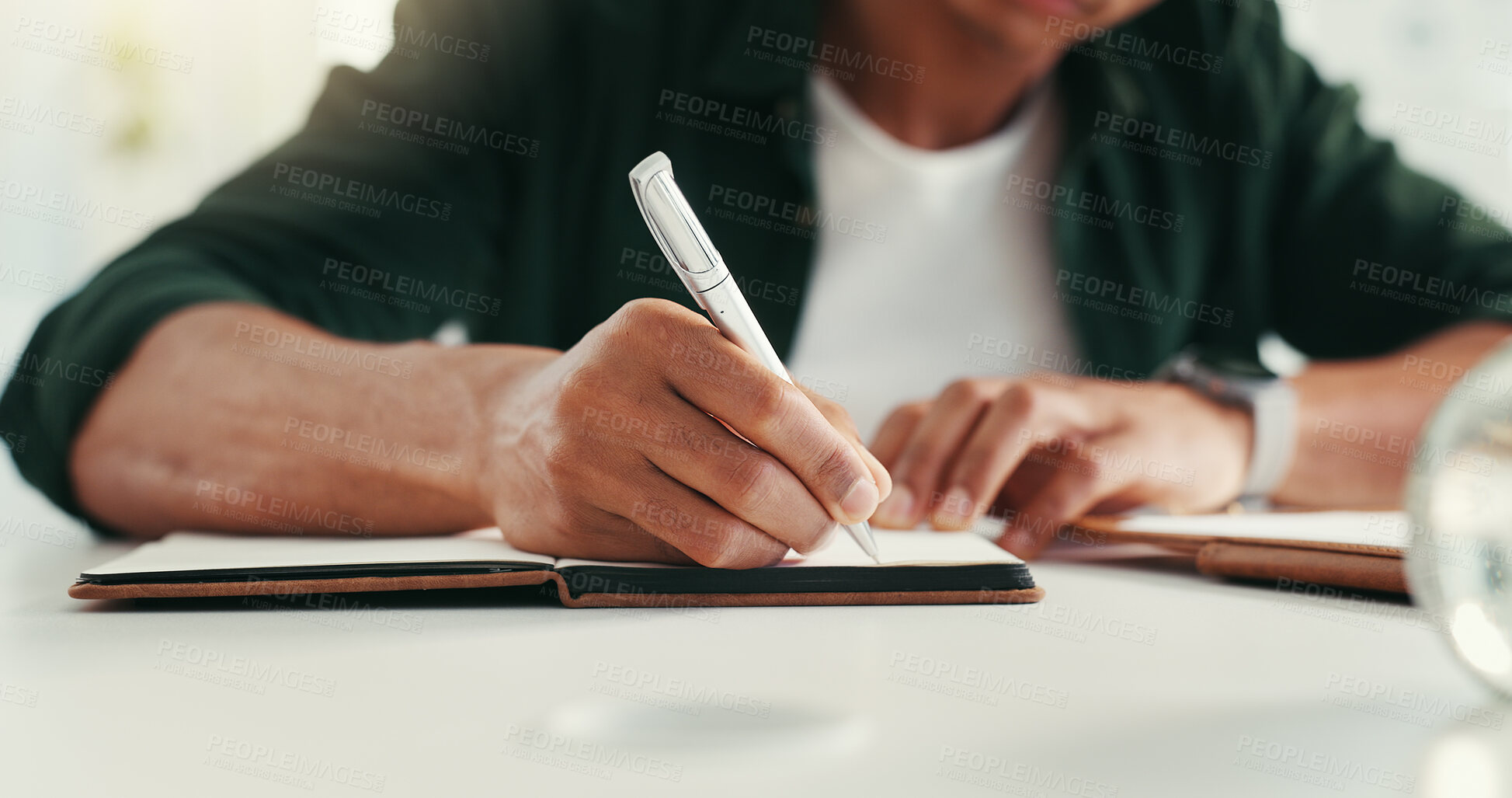 Buy stock photo Man, journalist and writing hands in office, professional inspiration and planning for article. Notebook, news agency and brainstorming information for column in workplace, person and story ideas