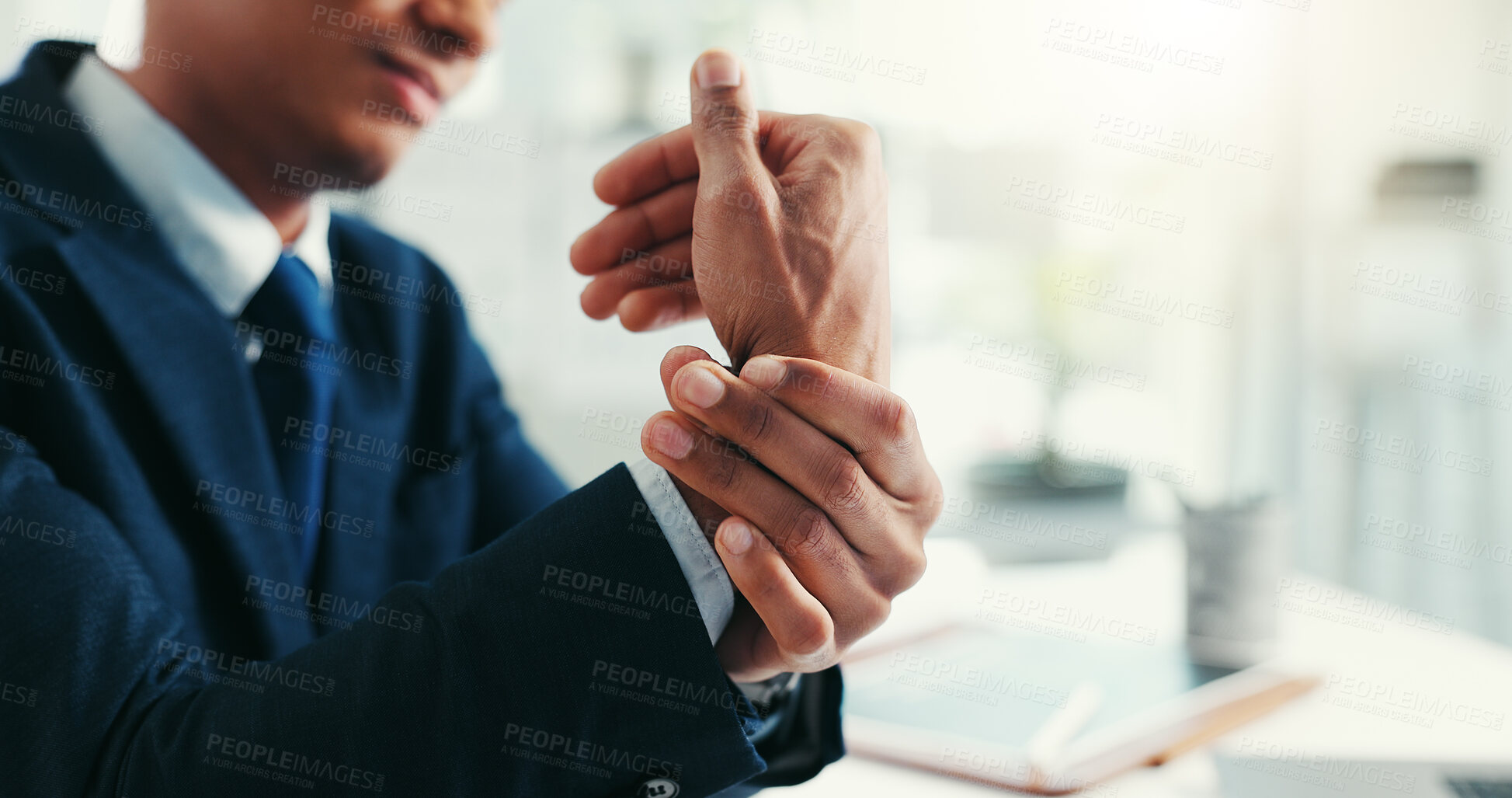 Buy stock photo Hands, sprain and wrist pain for employee, office and administrative assistant with injury of muscle. Business, tension and accident for person with discomfort, swollen and inflammation in corporate