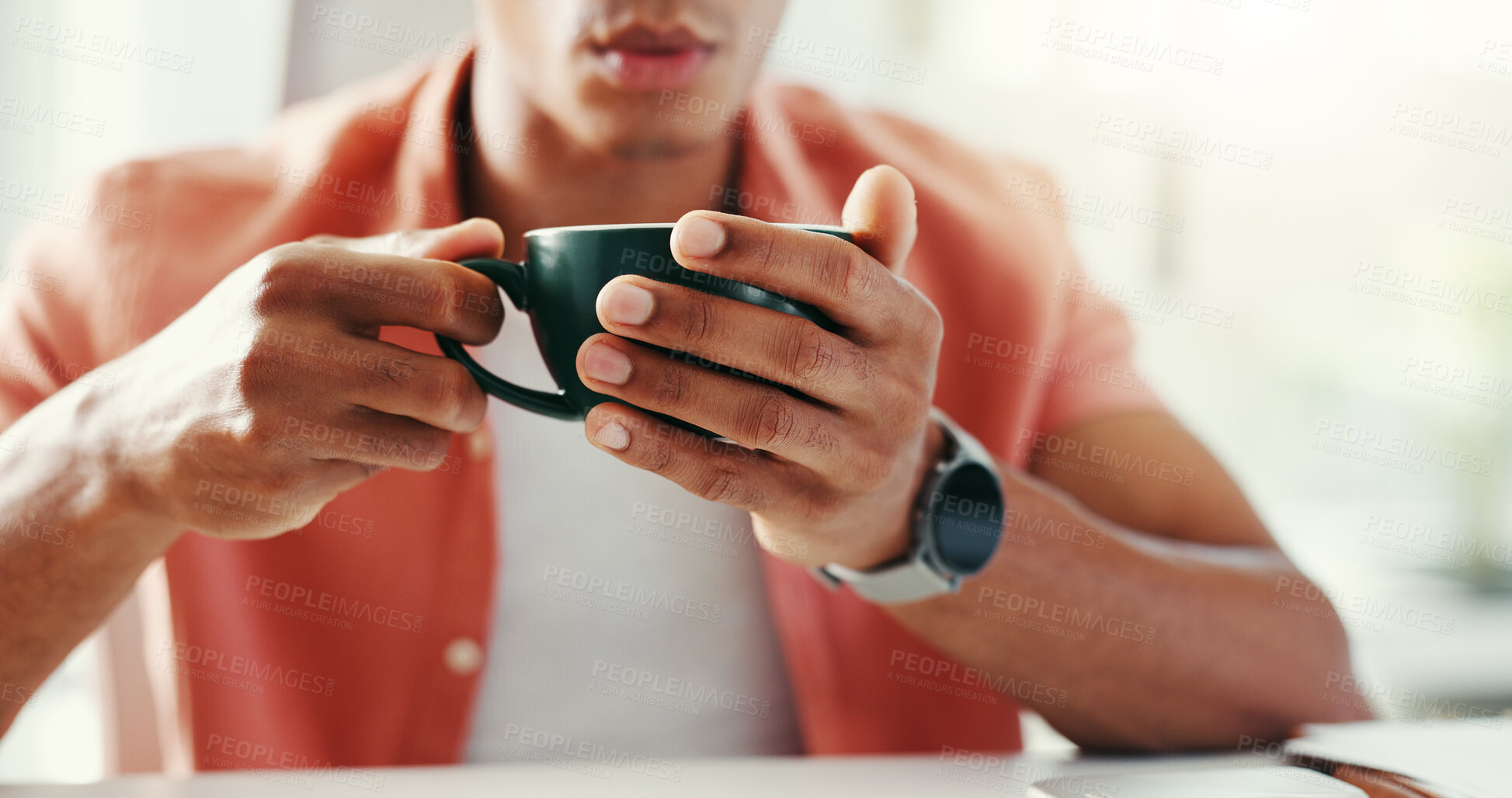 Buy stock photo Coffee, office and hands of business man with cup for energy for working on project, tasks and report. Professional, creative worker and person on break drinking tea, caffeine and beverage at desk