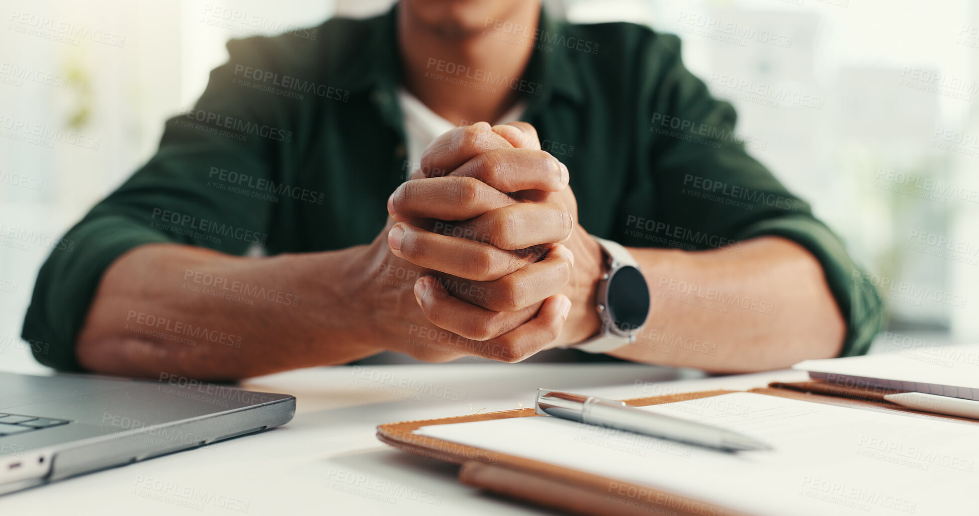 Buy stock photo Desk, closeup and hands of person in office with laptop, documents and notes for creative planning. Professional, working and man with paperwork for company planner, scheduling and project management